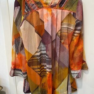 EUC Christina Orange and Yellow Sheer 3/4 Sleeve Swim Cover size M